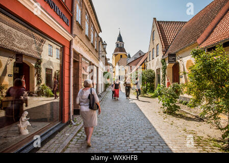 Touristen zu Fuß bis eine Gasse mit roten Rosen und Reflexionen in den Geschäften Windows, führt bis zu der Kirche in Faaborg, Dänemark, 12. Juli 2019 Stockfoto