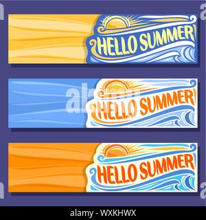 Vektor horizontale Banner für Sommersaison: 3 Layouts mit Wellen im Meer Hintergrund, sonnige Vorlagen mit Text - Hallo Sommer, Sommer mockups mit oder Stock Vektor