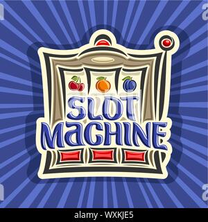 Vektor Plakat für Slot Machine: spielende Logo für online Casino auf blauen Strahlen der hellen Hintergrund, spielen, Zeichen mit Schriftzug - slot machine, auf Rolle: Stock Vektor