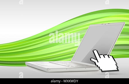 Symbol Hand, die auf offenen Laptop auf grüne Welle Hintergrund Stockfoto