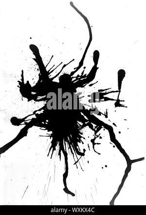 Splatter schwarzer Tinte auf weißem Hintergrund Stockfoto