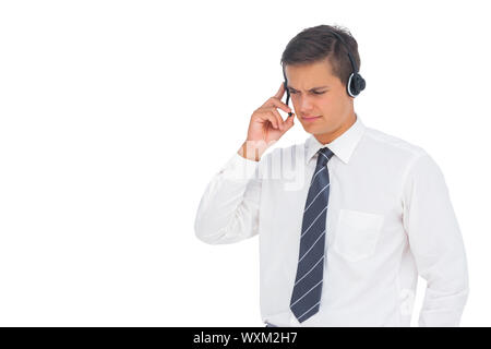 Callcenter-Agent mit Kopfhörer auf weißem Hintergrund Stockfoto