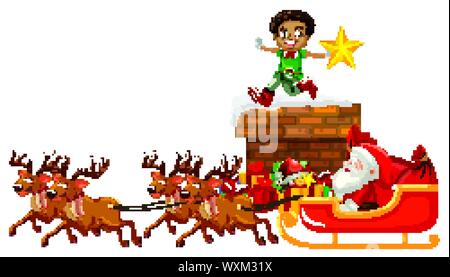 Weihnachtsmann auf Schlitten mit Rentieren und elf Abbildung Stock Vektor