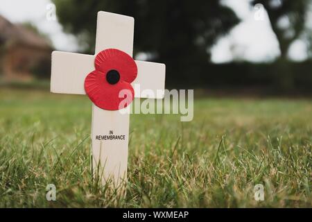 Poppy Erinnerung Tag Kreuz in einem Feld, Großbritannien Stockfoto