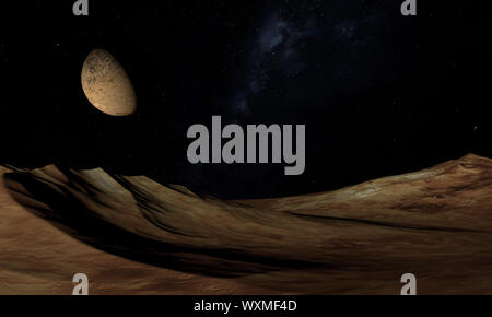 Alien Planet-gerenderten 3D-Computer Artwork. Felsen und Mond. Stockfoto