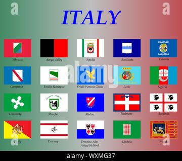 Alle Flaggen der Italien Regionen. Vektorgrafiken Stock Vektor