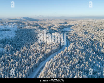 Kurvige Straße in der Mitte des dichten Taiga im Winter Tag in Lappland, Finnland Stockfoto