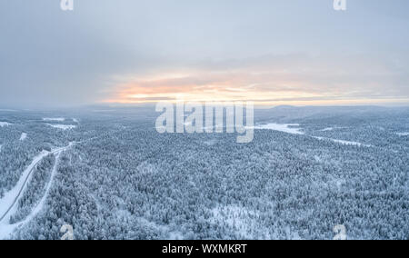 Luftaufnahme von Pyhä-Luosto-Nationalpark und riesigen borealen Wald bei Sonnenuntergang im Winter. Stockfoto