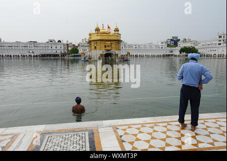 22.07.2011, Amritsar, Punjab, Indien - ein Sikh devotee badet in der Amrit Sarover (heilige Pool) der den Goldenen Tempel, dem heiligsten Ort der Anbetung. Stockfoto