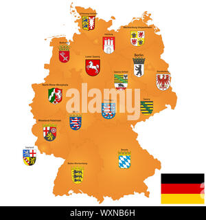 Detaillierte Karte von Deutschland mit Wappen und Grenzen Stockfoto