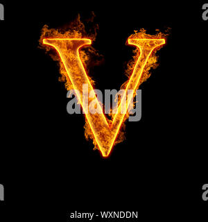 Feuer Alphabet Buchstaben V auf schwarzem Hintergrund isoliert. Stockfoto