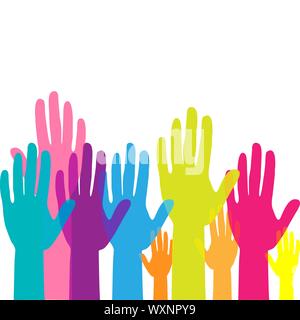 Bunte, Hände. Erhobenen Händen Freiwilligenarbeit. team konzept. Vector Illustration Stock Vektor