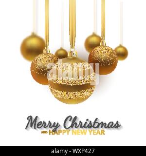 Grußkarte, Einladung mit ein Frohes neues Jahr 2020 und Weihnachten. Metallic gold Weihnachtskugeln, Dekoration, schimmernd, glänzend Konfetti auf einem weißen Bac Stock Vektor
