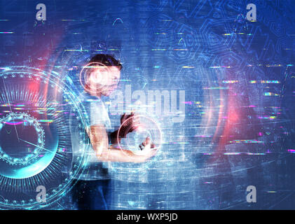 Gerenderten 3D-Mann im VR-Brille mit Grunge glitch Textur, abstrakten technischen Hintergrund. 3D-Darstellung. Stockfoto