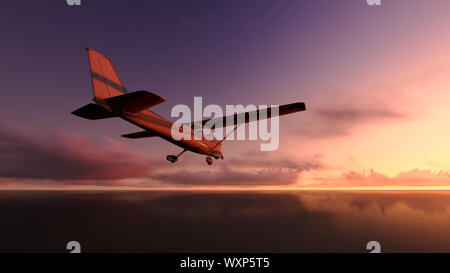 Das Flugzeug flog über dem Meer mit Sonnenuntergang Stockfoto