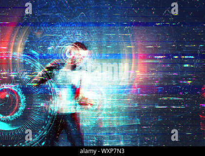 Gerenderten 3D-Mann im VR-Brille mit Grunge glitch Textur, abstrakten technischen Hintergrund. 3D-Darstellung. Stockfoto