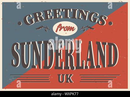 Britische Städte retro Grüße aus Sunderland Vintage unterzeichnen. Reiseziele Thema auf alten rostigen Hintergrund. Stock Vektor