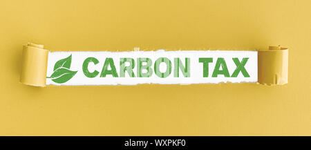 Zerrissenes Papier mit Text CO2-Steuer und grüne Blätter in der Öffnung Stockfoto