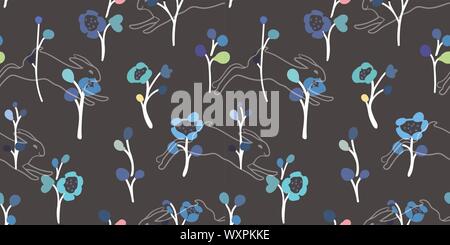 Braun vektor Rapport mit kleinen Hand gezeichnet Doodle florals und weiße Kaninchen. Perfekt für Papier und Textilien Projekte. Oberfläche pattern Design. Stock Vektor