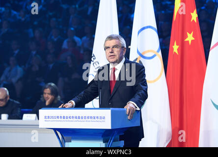 Peking, China. 17 Sep, 2019. Internationalen Olympischen Komitee (IOC) Präsident Thomas Bach Adressen die Beijing 2022 Olympischen Spiele und die Paralympischen Spiele Maskottchen starten in Peking, der Hauptstadt von China, Sept. 17, 2019. Credit: Shen Hong/Xinhua/Alamy leben Nachrichten Stockfoto