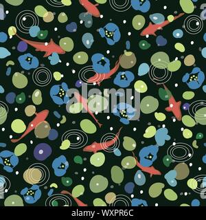 Schwarz vektor Rapport mit Teich und Koi. Das florale Muster mit Lotus oder Seerose Blatt. Einfaches, modernes Design. Perefect für die Textil- und Papierindustrie Projekte. Stock Vektor
