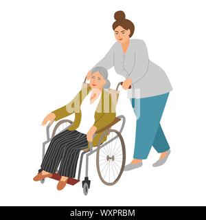 Eine Krankenschwester trägt eine ältere Frau in einem Rollstuhl. Handgezeichneten Flachbild cartoon Vector Illustration auf Weiß für Banner oder Poster Design isoliert. Stock Vektor