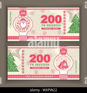 Vektor geld Banknoten Abbildung mit Portrait von Santa Claus. Staatliche Währung. Rückseite von Geldscheinen. Gefälschtes Geld. Zweihundert Geld. Stock Vektor