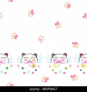 Weiße Vektoren wiederholen Sie die Grenze mit glücklichen Maneki Neko cat face, pfotenabdruck und Pastell dekorative florals. Japan inspiriert. Perfekt für Papier und Textilien Projekte oder Veranstaltungen. Oberfläche pattern Design. Stock Vektor