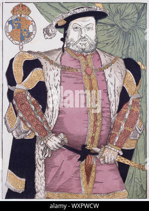 König Heinrich VIII. von England, 1491 - 1547. Gravur nach einem Gemälde von Hans Holbein. Später einfärben. Stockfoto