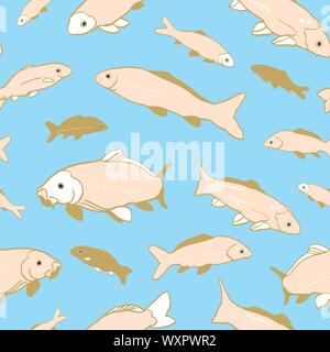 Wellenförmige sealife Goldfisch koi nahtlose Muster. Mit Karpfen fischen in beige und rosa Farbe. Moderne, Grafik, einfachen Stil. Ideal für Restaurant Menue, Verpackungsdesign, Aqua und Meer lieben. Home Decor und sationary. Stock Vektor