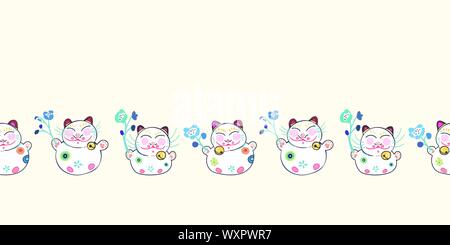 Weiße Vektoren wiederholen bordern mit glücklichen Maneki Neko Katze und blauen Blüten. Japan inspiriert. Comic Stil. Perfekt für Papier und Textilien Projekte oder Veranstaltungen. Oberfläche pattern Design. Stock Vektor