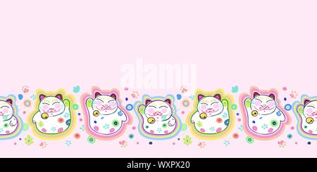 Rosa Vektor wiederholen bordern mit glücklichen Maneki Neko Katze und Pastell dekorative florals. Japan inspiriert. Comic Stil. Perfekt für Papier und Textilien Projekte oder Veranstaltungen. Oberfläche pattern Design. Stock Vektor