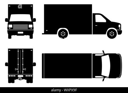 Box van Silhouette auf weißem Hintergrund. Fahrzeugsymbole Ansicht von der Seite, vorne, hinten, oben Stock Vektor