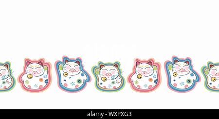 Weiße Vektoren wiederholen bordern mit glücklichen Maneki Neko Katze und Pastell dekorative florals. Japan inspiriert. Comic Stil. Perfekt für Papier und Textilien Projekte oder Veranstaltungen. Oberfläche pattern Design. Stock Vektor