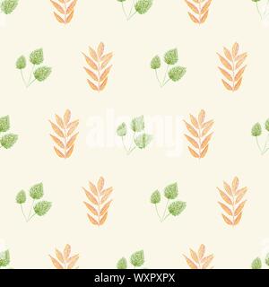 Vibrant orange und grüne Blätter im Herbst in Holzschnitt Stil Design. Die nahtlose Vektor Muster auf leichte Creme Hintergrund. Toll für Wellness, Herbst, Garten Stock Vektor