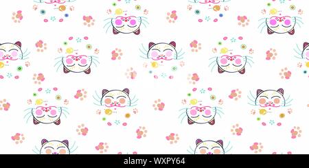 Weiß vektor Rapport mit glücklich Maneki Neko cat face, pfotenabdruck und Pastell dekorative florals. Japan inspiriert. Perfekt für Papier und Textilien Projekte oder Veranstaltungen. Oberfläche pattern Design. Stock Vektor