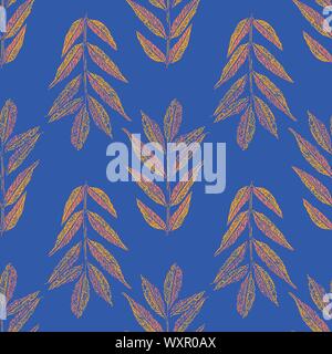 Lebhaften orange Mountain Ash Blätter im Herbst in Holzschnitt Stil Design. Die nahtlose Vektor geometrische Muster auf blauen Hintergrund. Toll für Wellness Stock Vektor