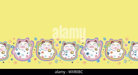 Gelbe Vektor wiederholen bordern mit glücklichen Maneki Neko Katze und Pastell dekorative florals. Japan inspiriert. Comic Stil. Perfekt für Papier und Textilien Projekte oder Veranstaltungen. Oberfläche pattern Design. Stock Vektor