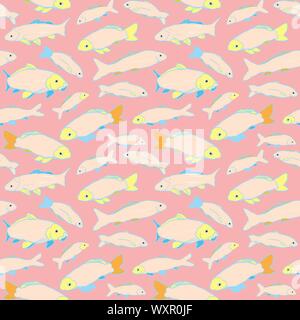 Bunte sealife Goldfisch koi nahtlose Muster. Mit geometrischen Touch in blau, pink und gelb. Moderne, Grafik, einfachen Stil. Ideal für Restaurant Menue, Verpackungsdesign, Aqua und Meer lieben. Home Decor und sationary. Stock Vektor