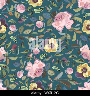 Blue vector Rapport mit Vintage gelb Stiefmütterchen und realistische Taube. Valentine und Hochzeit Muster. Ereignis- und Papier-Projekte. Oberfläche pattern Design. Stock Vektor