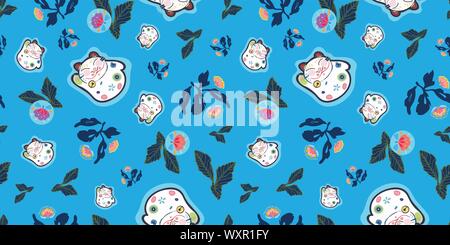 Blue vector Rapport mit glücklich Maneki Neko Katze und rosa Volkskunst florals. Japan inspiriert. Comic Stil. Perfekt für Papier und Textilien Projekte oder Veranstaltungen. Oberfläche pattern Design. Stock Vektor