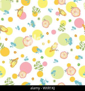 Weiß vektor Rapport mit Creme Dahlie Blume, gelb Papagei, Volkskunst, und mit pastellfarbenen Blumenmustern dot. Sommer floralen Muster. Perfekt für Papier und Textilien Projekte. Stock Vektor
