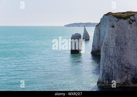 Old Harry Rocks sind drei Chalk Formationen, darunter ein Stapel und einem Baumstumpf, gelegen an Handfast Punkt, auf der Isle of Purbeck in der Grafschaft Dorset, südlichen Engla Stockfoto