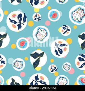 Blue vector Rapport mit glücklich Maneki Neko cat, Pastell dot und rosa Volkskunst florals. Comic Stil. Perfekt für Papier und Textilien Projekte oder Veranstaltungen. Stock Vektor