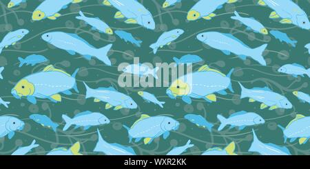 Wellenförmige sealife Goldfisch koi nahtlose Muster. Mit Algen, Wave und Fisch in Blau und Grün. Moderne, Grafik, einfachen Stil. Ideal für Restaurant Menue, Verpackungsdesign, Aqua und Meer lieben. Home Decor und sationary. Stock Vektor