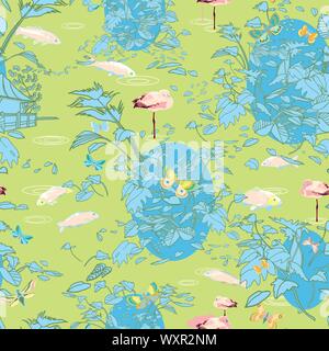 Radierung Stil exotischen Dschungel Landschaft Muster. Boanical Blatt, Strichzeichnungen Radierung Stil, in hellen Blautönen. Perfekt für Mode, Stoffe, Tapeten und Packaging Design. Home Decor, stationär. Stock Vektor