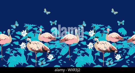 Farbenfrohe Sommer Nacht exotischen Dschungel nahtlose Grenze. Botanical Leaf, Strichzeichnungen Radierung Stil, in hellen Blautönen. Ferienhaus See, Fisch, Schmetterling. Für Mode, Strandleben, Wohnkultur, stationär. Stock Vektor