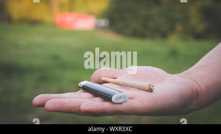 Close-up Männer Hände, die Marihuana, Cannabis stumpf im Freien. Cannabis ist ein Konzept der Kräutermedizin Stockfoto