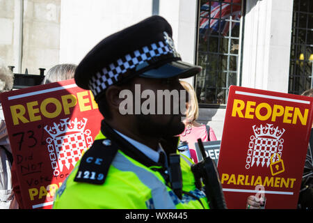 London UK 17 Sep 2019 Demonstranten, die gegen die Vertagung des Parlaments halten Plakate vor dem Obersten Gericht in London. Stockfoto