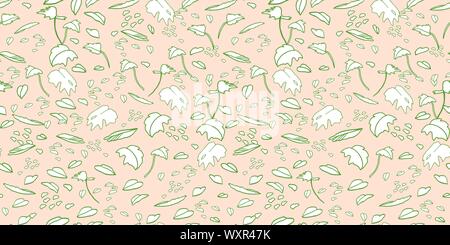 Moderne exotischen Dschungel Blatt Muster. Zerstreut botanical Leaf, Strichzeichnungen doodle Stil, in Pastellgrün ein rosa Farbtönen. Perfekt für packaging design, Wohnkultur, Stofftapeten und stationär. Stock Vektor